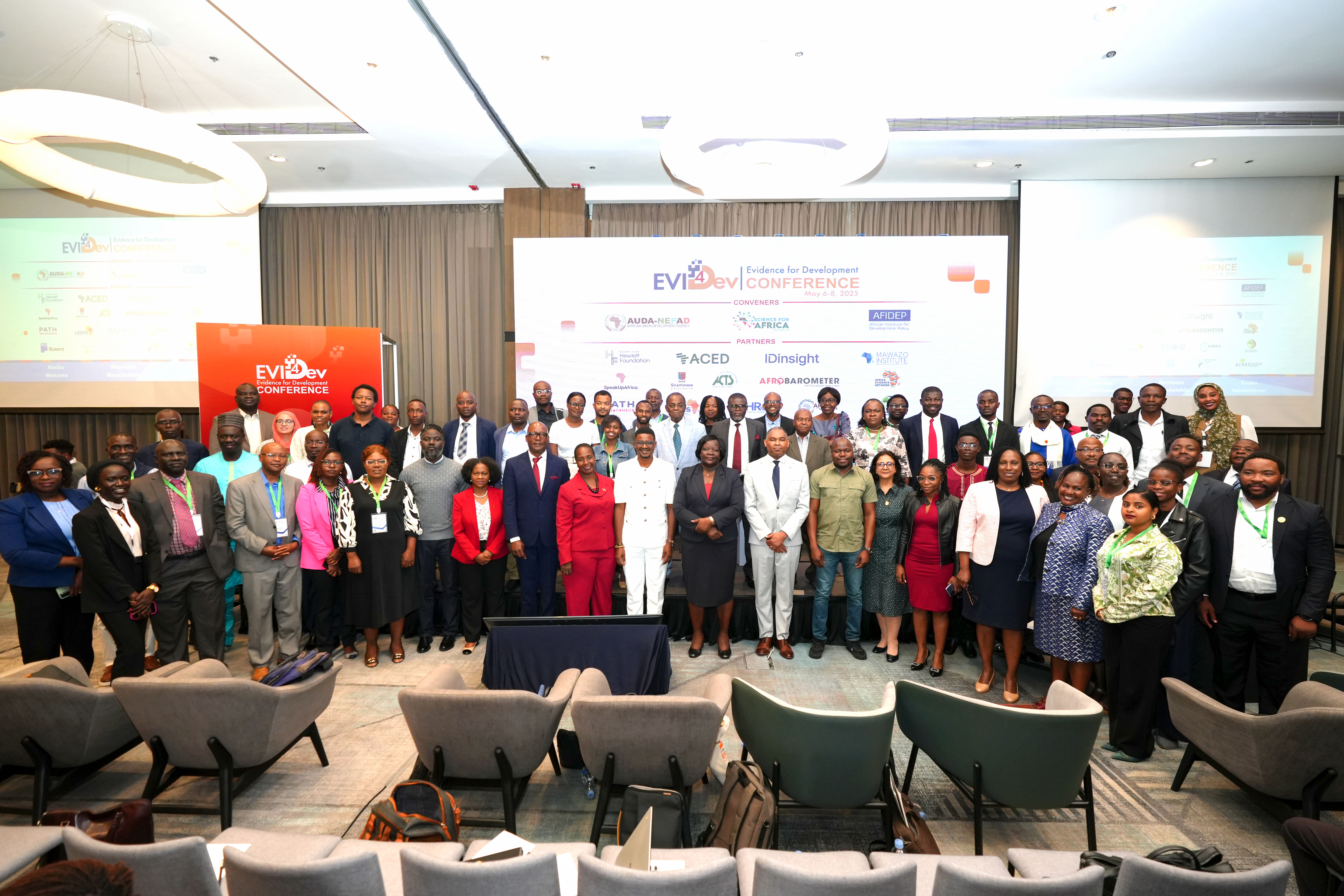 A section of participants at the opening ceremony of the Evidence for Development Conference held on 6 May 2025 in Nairobi, led by Dr Roselida Owuor (Director of Research Development, MoE Kenya), Dr Jessie Kabwila (Minister of Higher Education, Malawi), and Dr Eliya Zulu (Executive Director, AFIDEP).